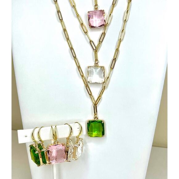 NEW Paperclip Chain Necklace 16" 18" 20" Green Faceted Glass Pendant Trendy J183 - Picture 5 of 5